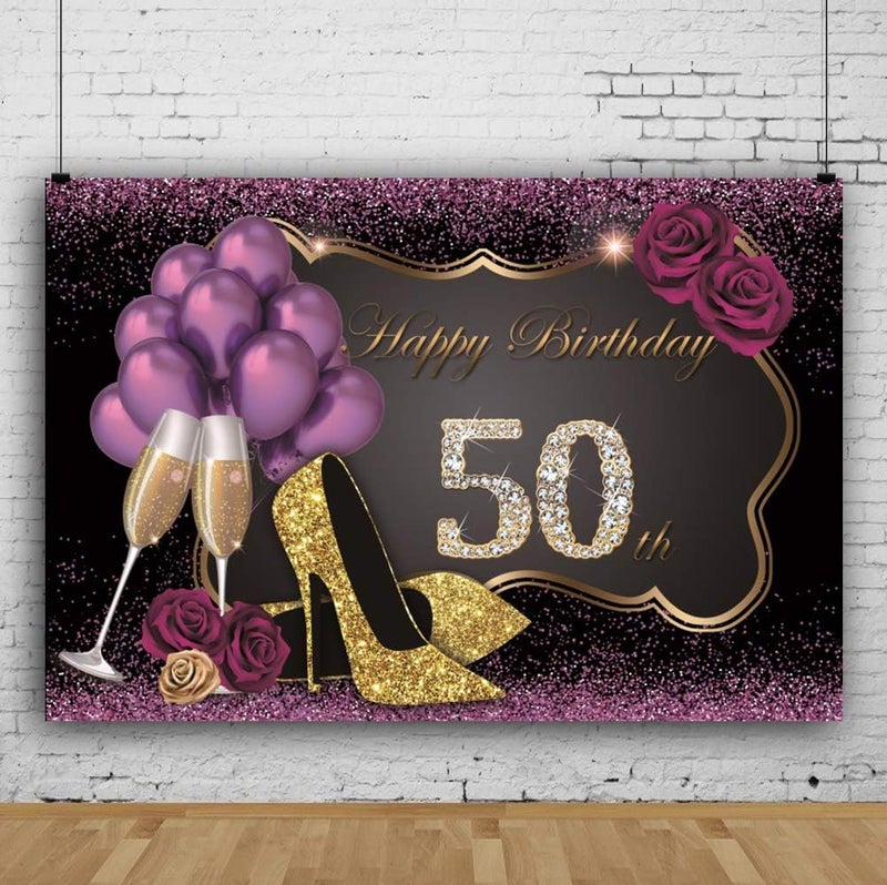 Yeele 9x6ft Happy 50th Birthday Backdrop Glistening Purple Background Champagne HighHeeled Shoes Purple Roses Balloons Party Decoration Lady Girl Portrait Photoshoot Photo Studio Backdrop - Image 2