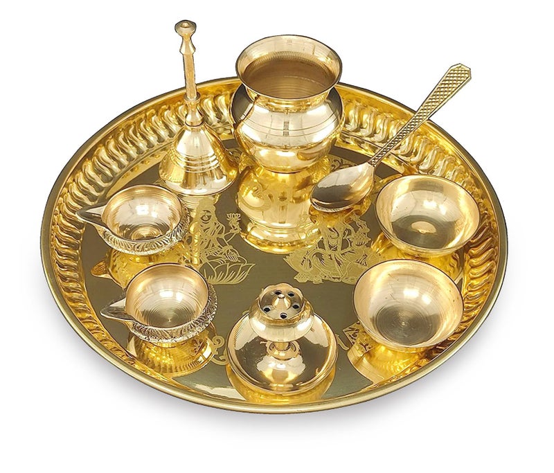 BENGALEN مجموعة Bengalen Pooja Thali من النحاس Puja Thali Pital مقاس 8 بوصة مع ملحقات Kuber Diya Ghanti Kalash Spoon Bowl Agarbatti Stand for Diwali Home Office هدايا الزفاف 500 مل - Image 1