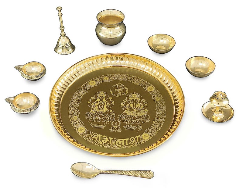 BENGALEN مجموعة Bengalen Pooja Thali من النحاس Puja Thali Pital مقاس 8 بوصة مع ملحقات Kuber Diya Ghanti Kalash Spoon Bowl Agarbatti Stand for Diwali Home Office هدايا الزفاف 500 مل - Image 3