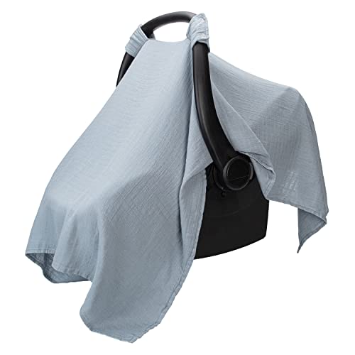 Comfy Cubs Baby Car Seat Cover Soft Breathable Bamboo Rayon and Muslin Cotton Blend Lightweight Canopy for Sun Bug and Comfort Protection Large Size Infant Seat Cover in Pacific Blue Design