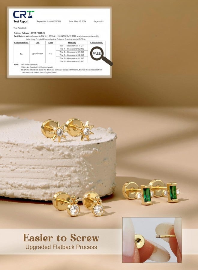 ORAZIO Gold Flat Back Stud Earrings for Women Men Sterling Silver Post Hypoallergenic Screw Back Earrings 14K Gold Cartilage Conch Helix Tragus Piercing Jewelry Dainty CZ Opal Earring Set 3 Pairs 20G - Image 3