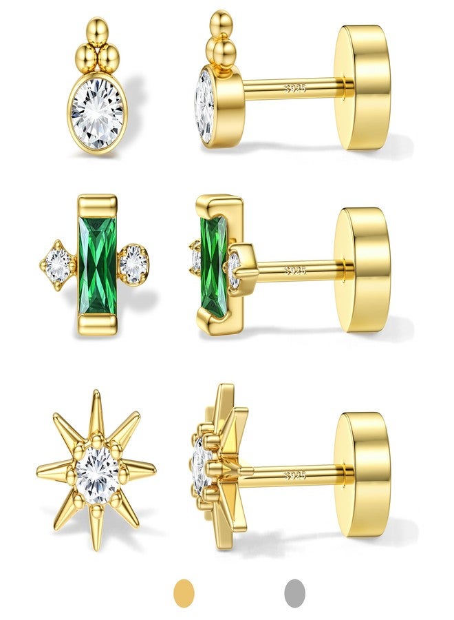 ORAZIO Gold Flat Back Stud Earrings for Women Men Sterling Silver Post Hypoallergenic Screw Back Earrings 14K Gold Cartilage Conch Helix Tragus Piercing Jewelry Dainty CZ Opal Earring Set 3 Pairs 20G - Image 1