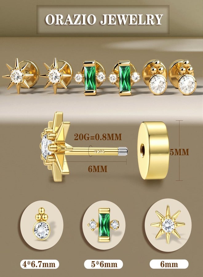 ORAZIO Gold Flat Back Stud Earrings for Women Men Sterling Silver Post Hypoallergenic Screw Back Earrings 14K Gold Cartilage Conch Helix Tragus Piercing Jewelry Dainty CZ Opal Earring Set 3 Pairs 20G - Image 5