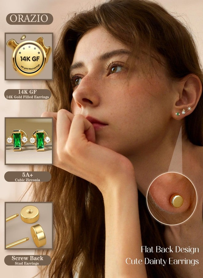 ORAZIO Gold Flat Back Stud Earrings for Women Men Sterling Silver Post Hypoallergenic Screw Back Earrings 14K Gold Cartilage Conch Helix Tragus Piercing Jewelry Dainty CZ Opal Earring Set 3 Pairs 20G - Image 2
