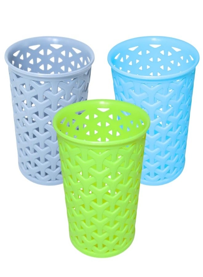 MORVI Linea Big Round Plastic Multipurpose Organizer For Kitchen, Bathroom, Salon, Office|Stationery,Cutlery,Pen,Makeup Brushes Holder|Hanging Toothbrush Stand |Pack Of 3 | LIGHT GREY BLUE GREEN - Image 1