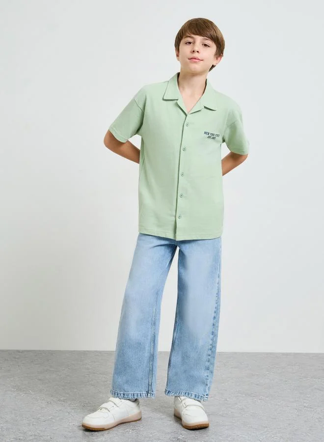 Styli Teen Boys Green Resort Collar Printed Jersey Shirt