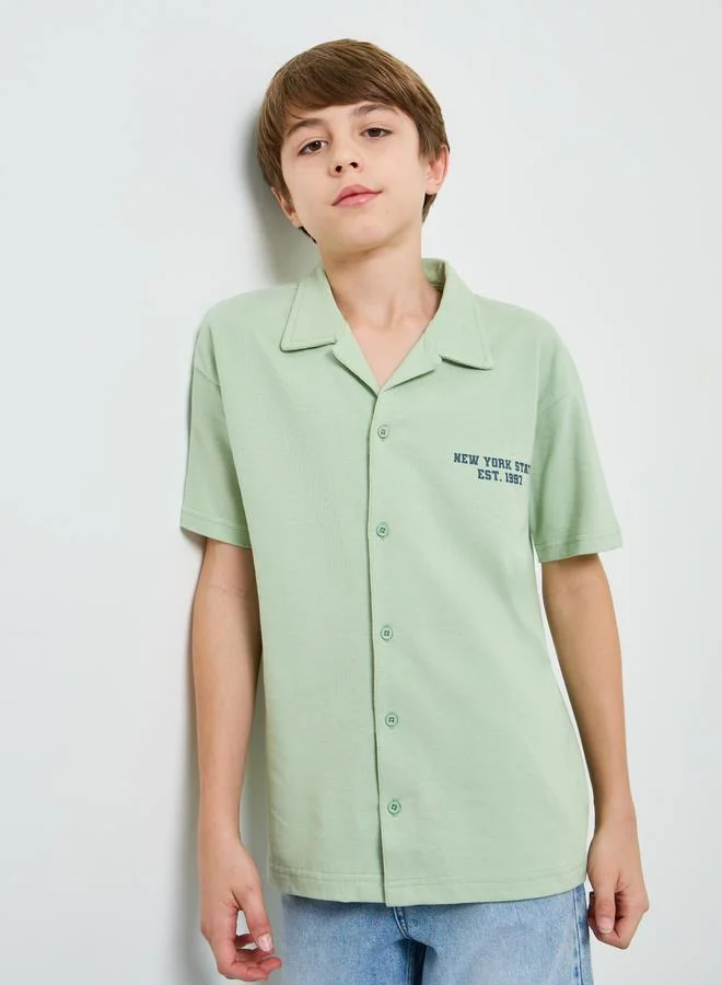 Styli Teen Boys Green Resort Collar Printed Jersey Shirt