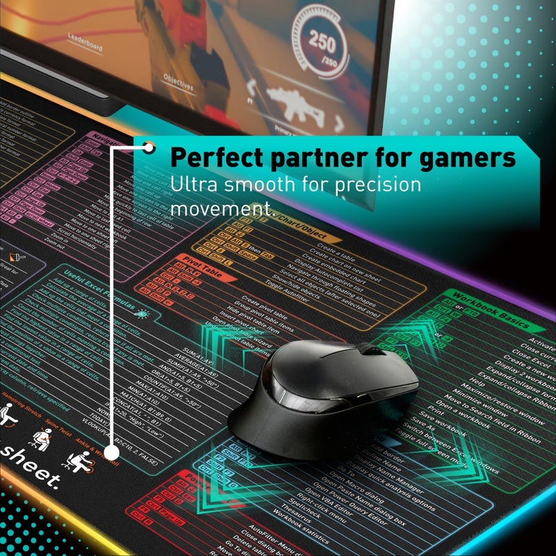 Pixiecube Excel Shortcut Keys LED Mouse Pad - Colorful RGB Luminous Extended Large Cheat Sheet Gaming Mousepad| PC Office Spreadsheet Keyboard Mat| Non-Slip Stitched Edge - Image 5