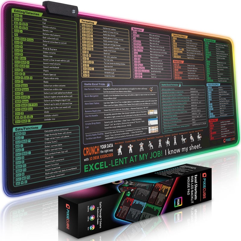 Pixiecube Excel Shortcut Keys LED Mouse Pad - Colorful RGB Luminous Extended Large Cheat Sheet Gaming Mousepad| PC Office Spreadsheet Keyboard Mat| Non-Slip Stitched Edge - Image 1