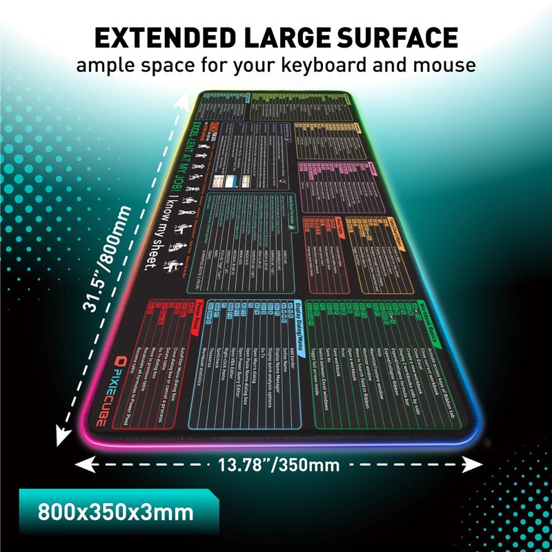 Pixiecube Excel Shortcut Keys LED Mouse Pad - Colorful RGB Luminous Extended Large Cheat Sheet Gaming Mousepad| PC Office Spreadsheet Keyboard Mat| Non-Slip Stitched Edge - Image 2