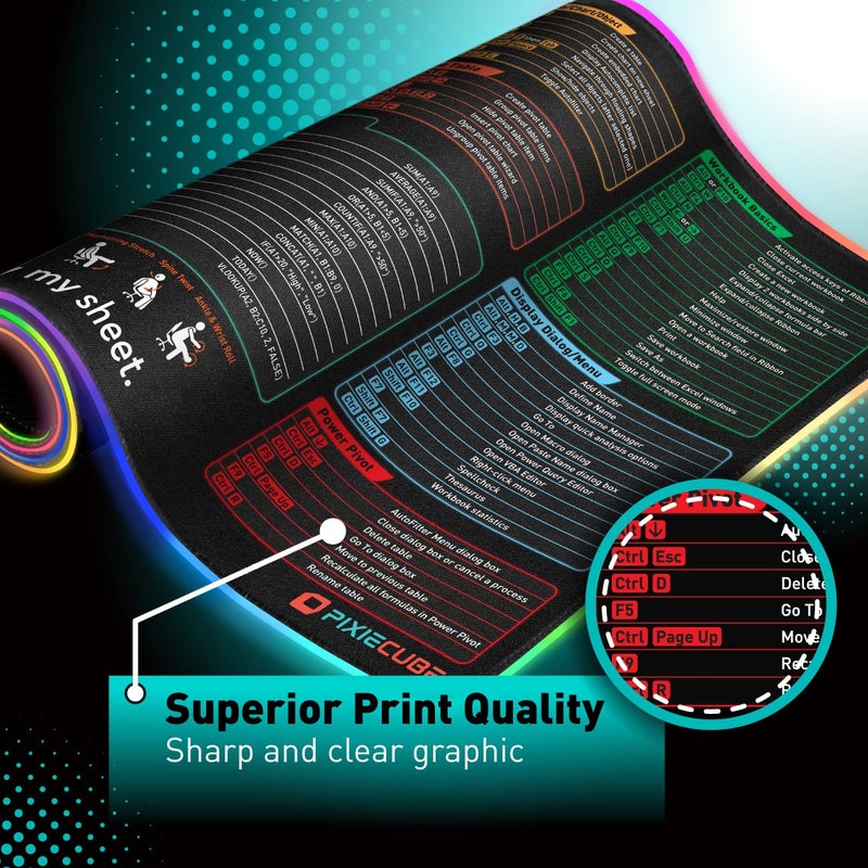 Pixiecube Excel Shortcut Keys LED Mouse Pad - Colorful RGB Luminous Extended Large Cheat Sheet Gaming Mousepad| PC Office Spreadsheet Keyboard Mat| Non-Slip Stitched Edge - Image 4