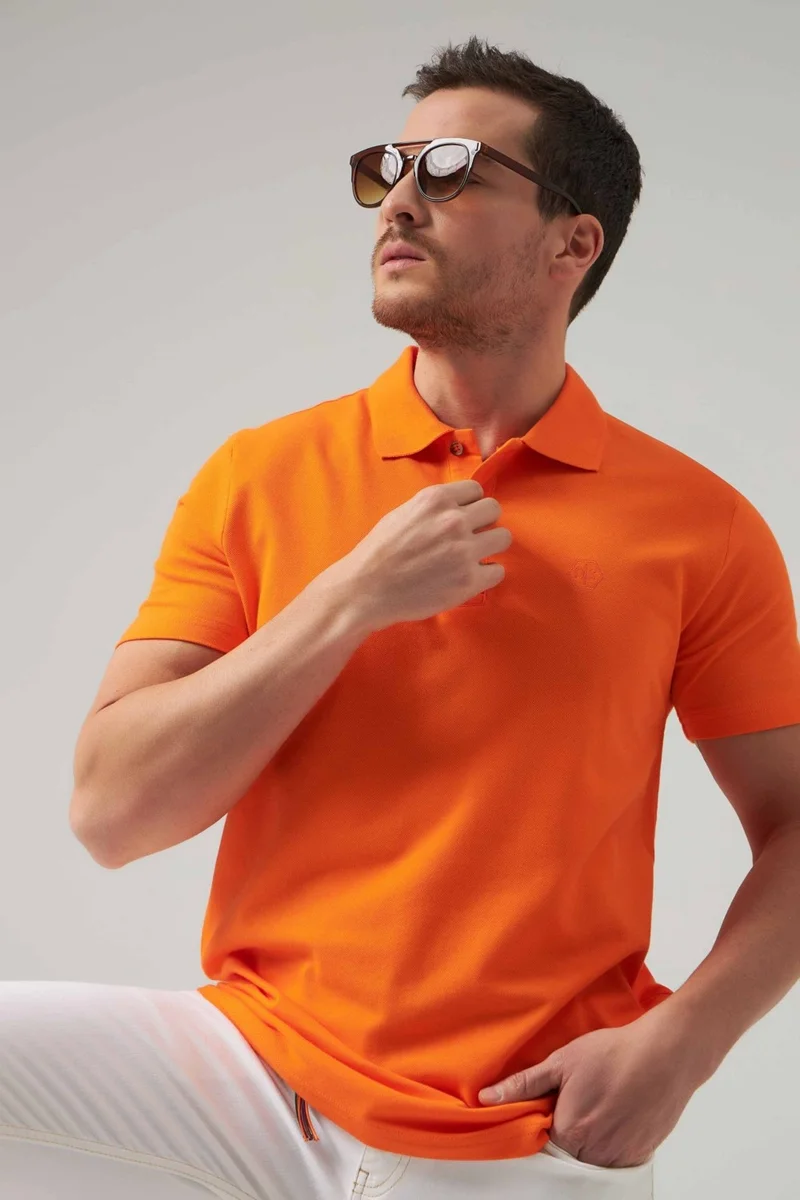 دي أس دامات Regular Fit Orange Pique Textured 100% Cotton Non-Curl Polo Collar Embroidered T-Shirt 4HC14ORT51000
