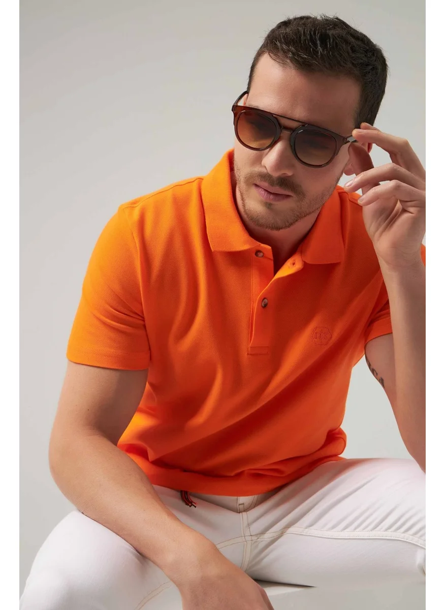 D'S DAMAT Regular Fit Orange Pique Textured 100% Cotton Non-Curl Polo Collar Embroidered T-Shirt 4HC14ORT51000