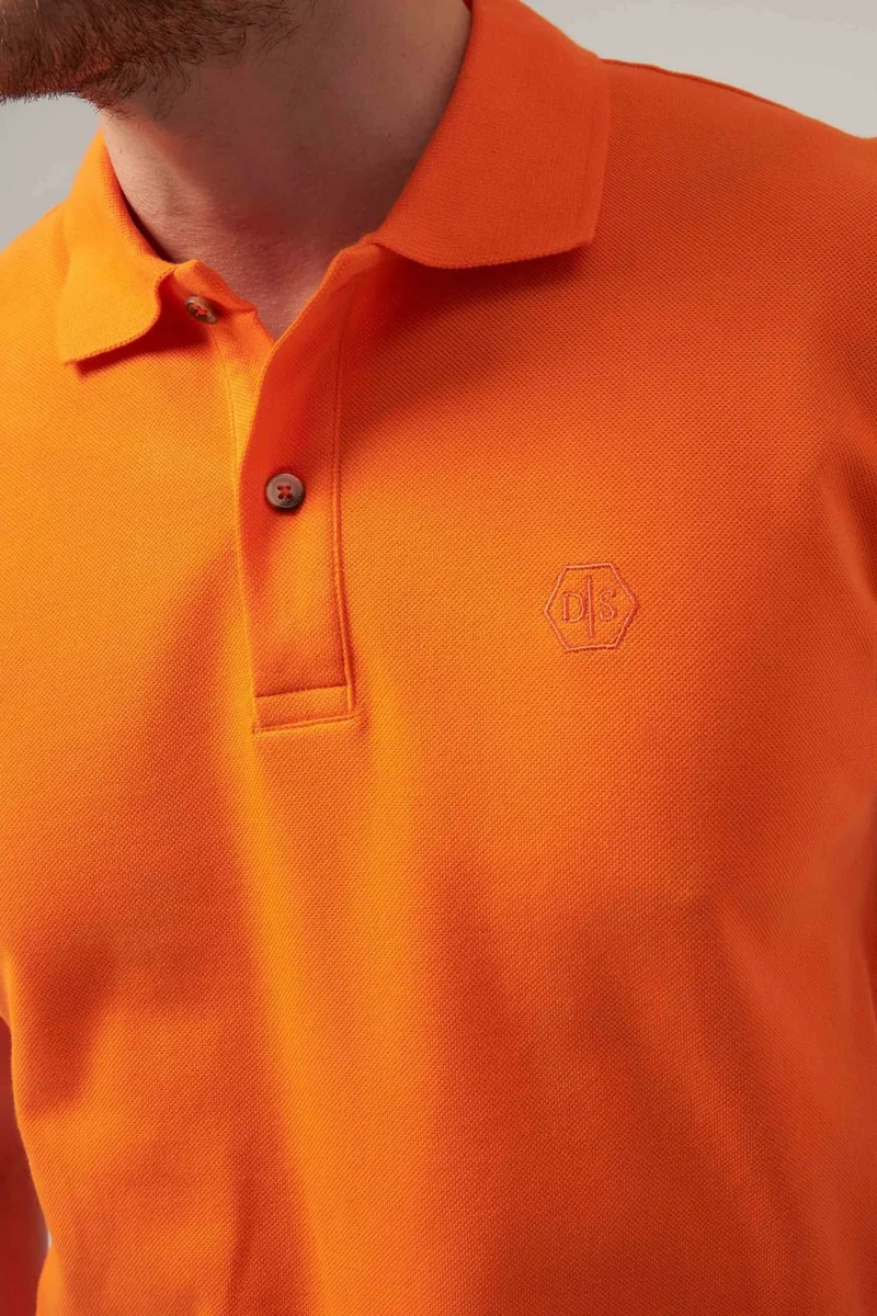 دي أس دامات Regular Fit Orange Pique Textured 100% Cotton Non-Curl Polo Collar Embroidered T-Shirt 4HC14ORT51000