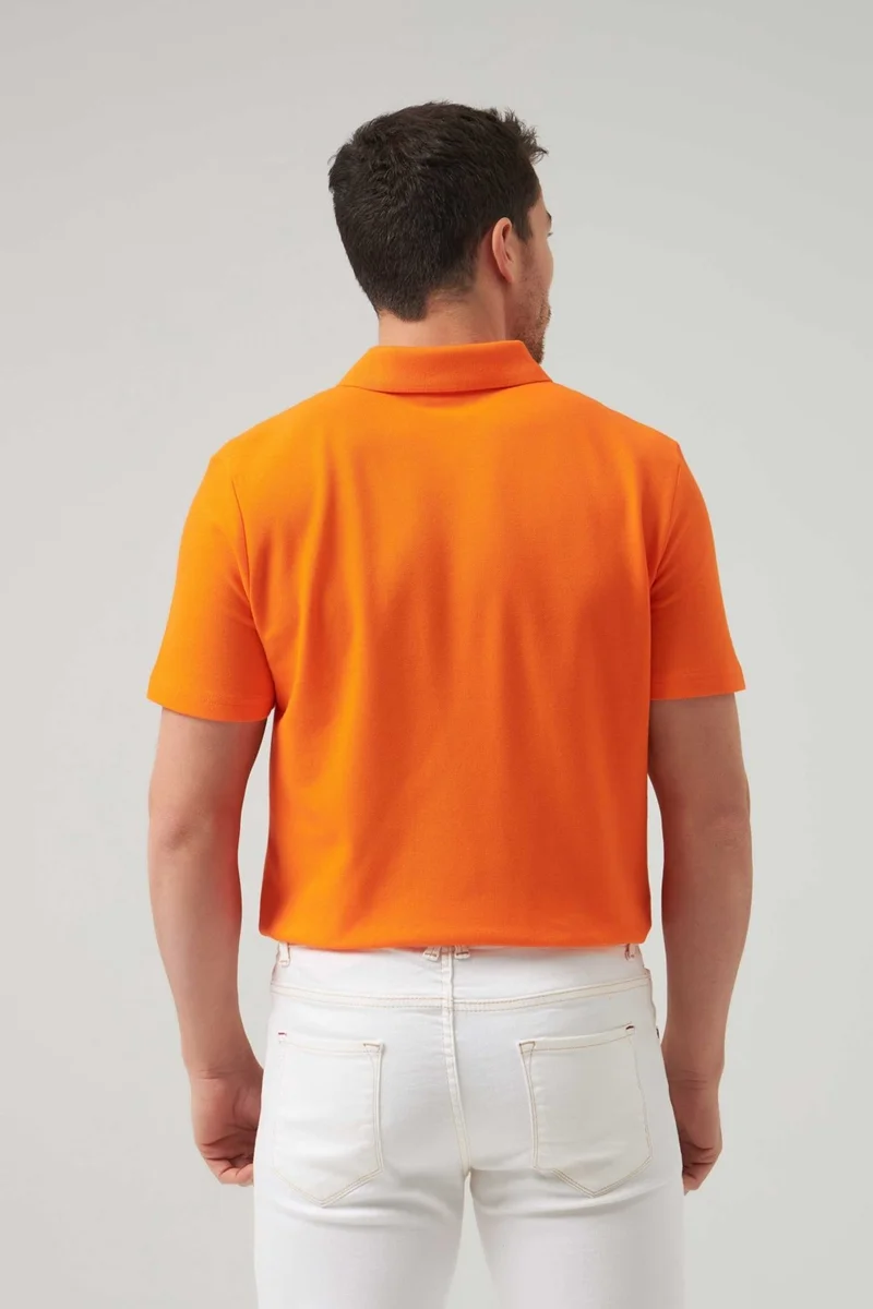 دي أس دامات Regular Fit Orange Pique Textured 100% Cotton Non-Curl Polo Collar Embroidered T-Shirt 4HC14ORT51000