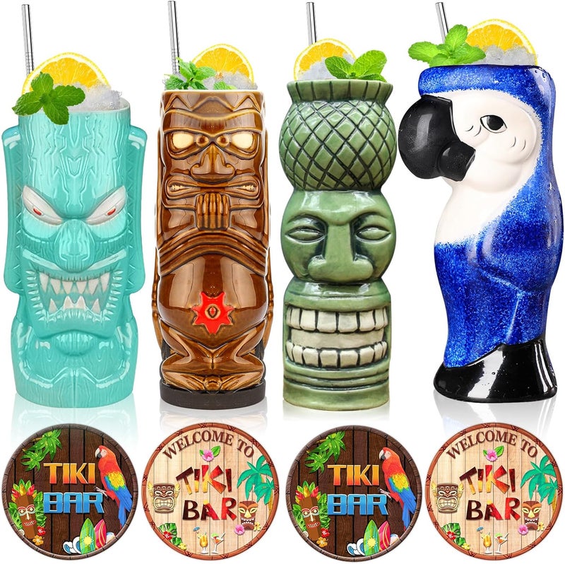 SuproBarware Tiki Mugs Set of 4  Large Ceramic Hawaiian Party Mugs Drinkware Cocktails Premium Tropical Cups cute exotic cocktail glassesTJB08 4 - Image 1