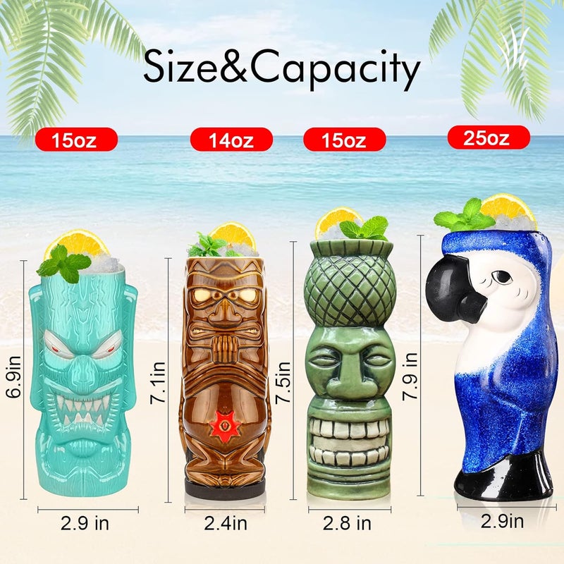 SuproBarware Tiki Mugs Set of 4  Large Ceramic Hawaiian Party Mugs Drinkware Cocktails Premium Tropical Cups cute exotic cocktail glassesTJB08 4 - Image 2