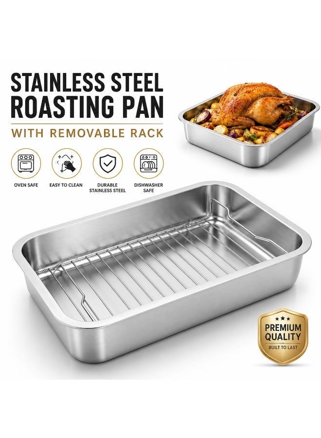 Solane Stainless Steel Roasting Pan with Grill Rack, 40x30x7cm Deep Oven Baking Tray for Chicken, Meat, Vegetables, Lasagna, BBQ and Family Cooking - Image 1