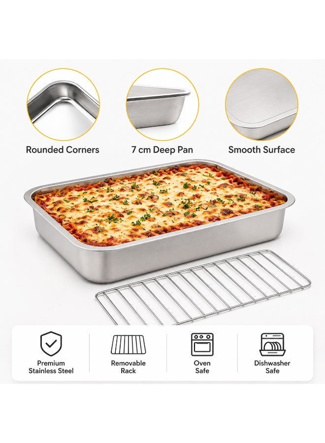 Solane Stainless Steel Roasting Pan with Grill Rack, 40x30x7cm Deep Oven Baking Tray for Chicken, Meat, Vegetables, Lasagna, BBQ and Family Cooking - Image 5
