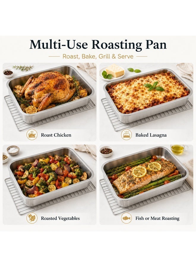 Solane Stainless Steel Roasting Pan with Grill Rack, 40x30x7cm Deep Oven Baking Tray for Chicken, Meat, Vegetables, Lasagna, BBQ and Family Cooking - Image 2