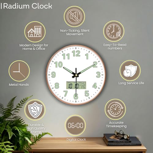 WHISKET Wall Clock, Modern Small Wall Clocks Battery Operated 12 Inch, Silent Non-Ticking Analog Classic for Office, Home, Bathroom, Kitchen, Bedroom, School (Radium White Digital) - Image 2