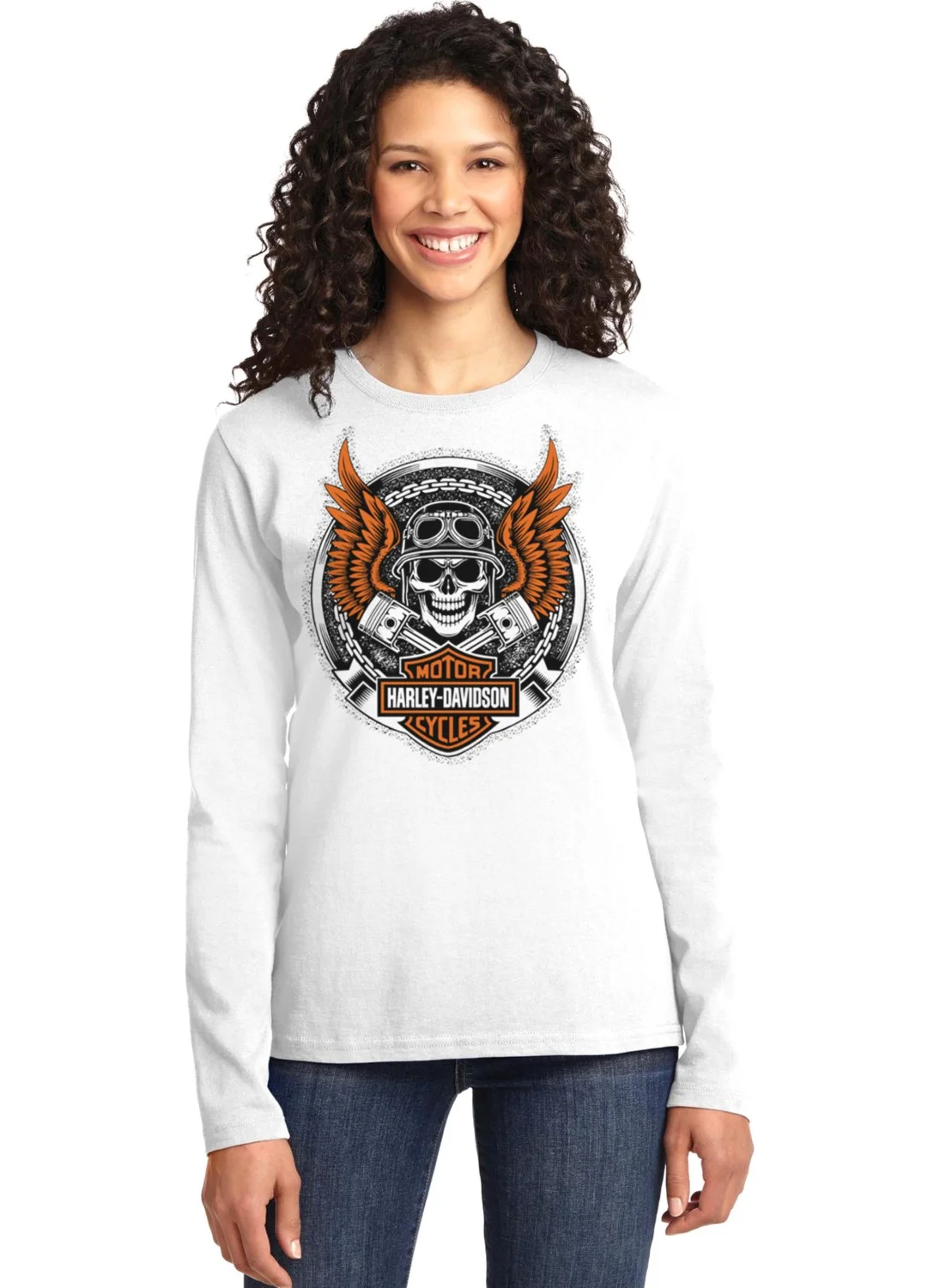 روك اند رول Biker Skull White Long Sleeve Women's Combed Cotton T-Shirt