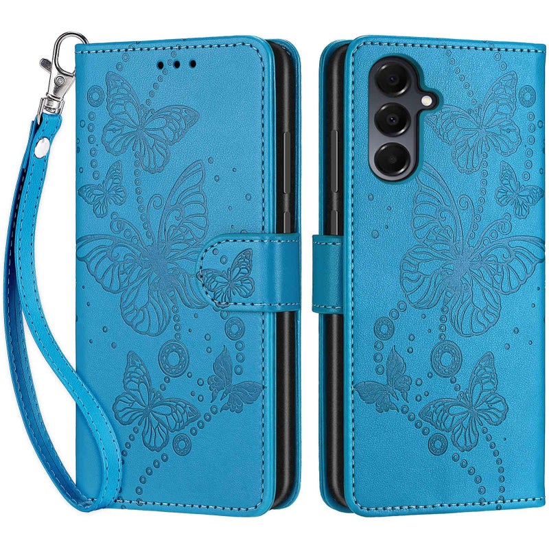 KENHONER Designed for Samsung Galaxy A16 5G Case Wallet,Women Flip Folio Cover with Embossed PU Leather Stand Credit Card Holders Slots Wrist Strap Phone Case for Samsung Galaxy A16 (Blue Butterfly) - Image 3