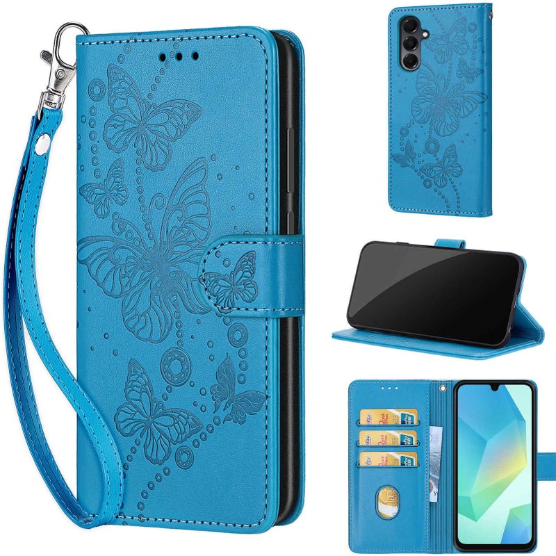 KENHONER Designed for Samsung Galaxy A16 5G Case Wallet,Women Flip Folio Cover with Embossed PU Leather Stand Credit Card Holders Slots Wrist Strap Phone Case for Samsung Galaxy A16 (Blue Butterfly) - Image 1