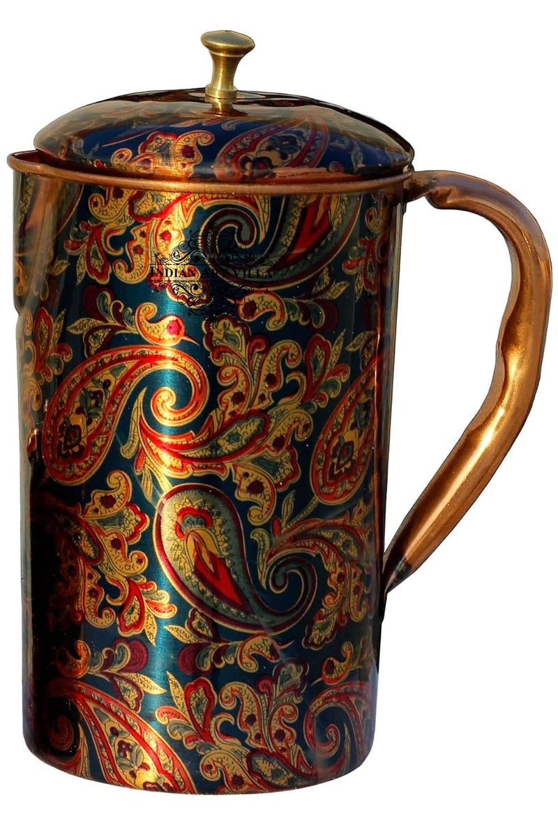 INDIAN ART VILLA Indian Art Villa Printed Design Pure Copper 1 Jug 2 Glass Set Drinkware Storage Serving Water Color Blue Jug15 Litre Glass 300 ML 3 Pieces Set  - Image 3