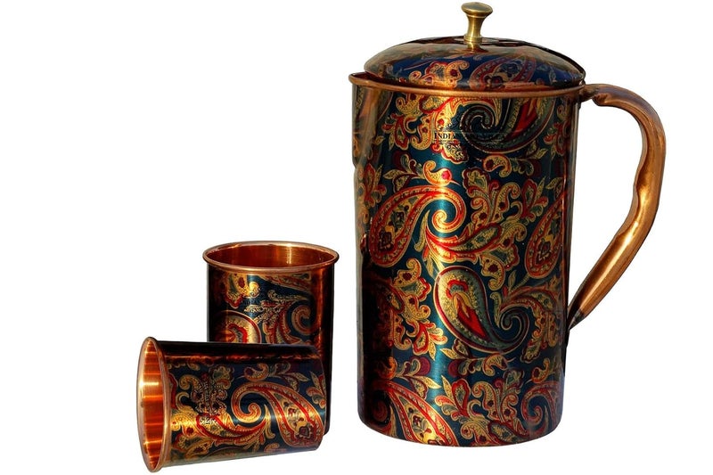 INDIAN ART VILLA Indian Art Villa Printed Design Pure Copper 1 Jug 2 Glass Set Drinkware Storage Serving Water Color Blue Jug15 Litre Glass 300 ML 3 Pieces Set  - Image 2