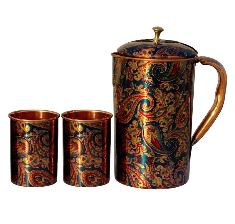 INDIAN ART VILLA Indian Art Villa Printed Design Pure Copper 1 Jug 2 Glass Set Drinkware Storage Serving Water Color Blue Jug15 Litre Glass 300 ML 3 Pieces Set  - Image 1