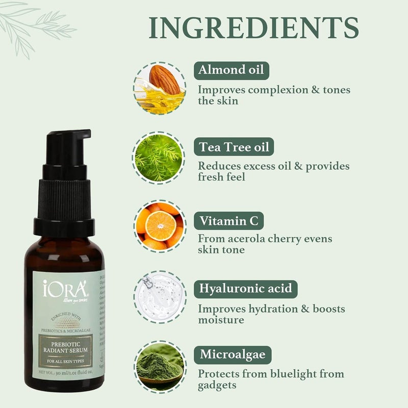 iORA Prebiotic Day Night Radiant Serum 30ml Reduces pigmentation enhances glow and evens skin tone Enriched with Vitamin C Hyaluronic Acid Almond Tea Tree Oils For all skin types - Image 3