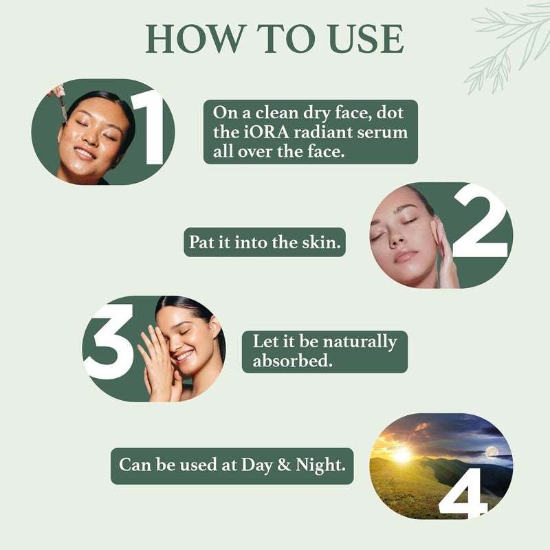 iORA Prebiotic Day Night Radiant Serum 30ml Reduces pigmentation enhances glow and evens skin tone Enriched with Vitamin C Hyaluronic Acid Almond Tea Tree Oils For all skin types - Image 4