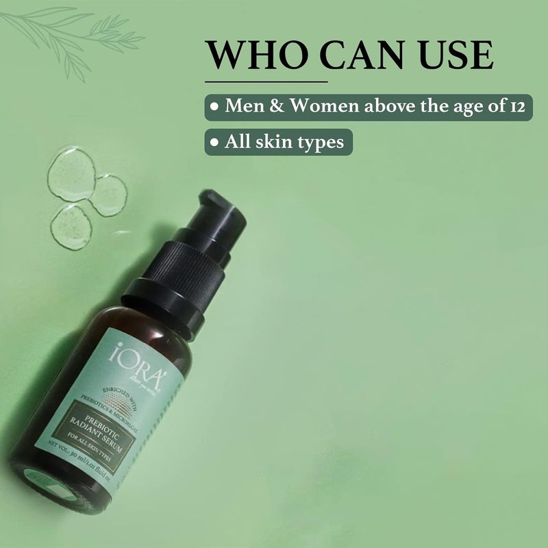 iORA Prebiotic Day Night Radiant Serum 30ml Reduces pigmentation enhances glow and evens skin tone Enriched with Vitamin C Hyaluronic Acid Almond Tea Tree Oils For all skin types - Image 5