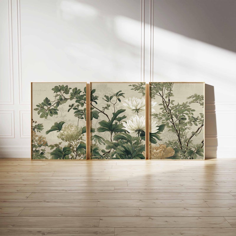 TNESSENTIAL Vintage Botanical Wall Art Prints Set of 3, Green and Beige Floral Posters, Classic Nature Artwork for Elegant Living Room Decor - Image 4