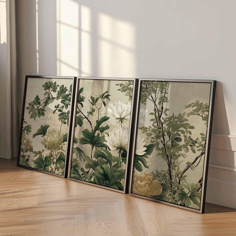 TNESSENTIAL Vintage Botanical Wall Art Prints Set of 3, Green and Beige Floral Posters, Classic Nature Artwork for Elegant Living Room Decor - Image 2