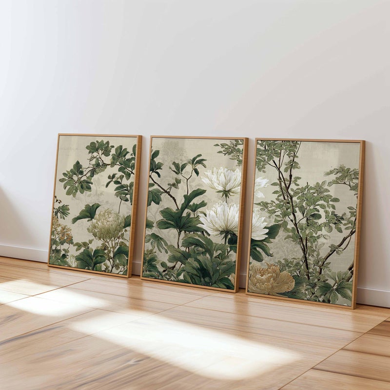 TNESSENTIAL Vintage Botanical Wall Art Prints Set of 3, Green and Beige Floral Posters, Classic Nature Artwork for Elegant Living Room Decor - Image 1