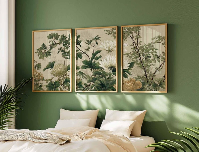 TNESSENTIAL Vintage Botanical Wall Art Prints Set of 3, Green and Beige Floral Posters, Classic Nature Artwork for Elegant Living Room Decor - Image 5