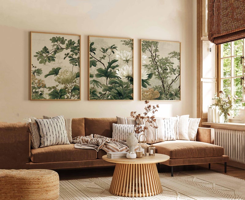 TNESSENTIAL Vintage Botanical Wall Art Prints Set of 3, Green and Beige Floral Posters, Classic Nature Artwork for Elegant Living Room Decor - Image 3