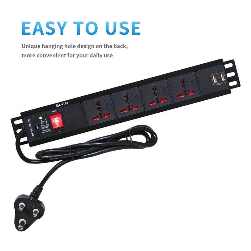 MX 4 Outlet Universal Power Strip 6 AMP W Child Safety Shutter Switch 2 Port USB Charger 21 A W LED Indicator 15 Mtr  - Image 3