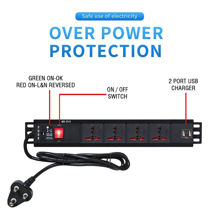 MX 4 Outlet Universal Power Strip 6 AMP W Child Safety Shutter Switch 2 Port USB Charger 21 A W LED Indicator 15 Mtr  - Image 4
