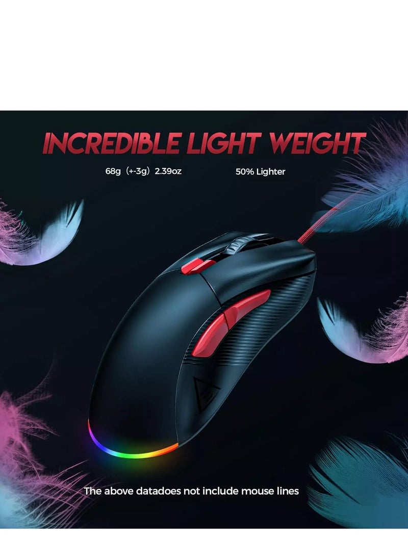 ZIDLI M85 RGB Gaming Mouse - Optical Sensor 16,000 DPI - 1000 Hz Polling Rate - Paracord Cable - Lightweigh 68G (Black)  - Image 4