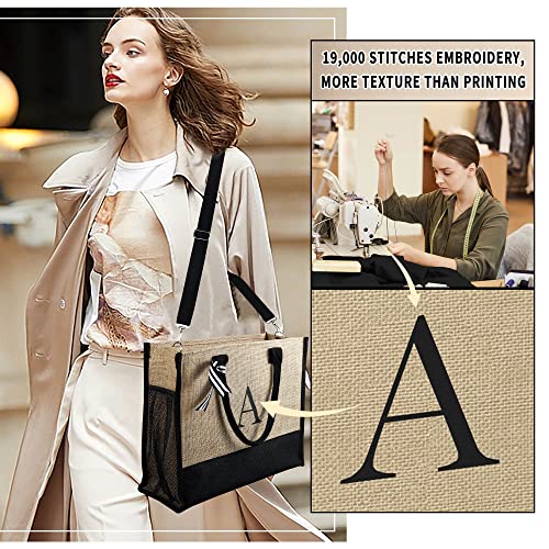 YOOLIFE Birthday Gifts for Women - Mom Birthday Gifts, Gift for Mom Sister Daughter in Law Friend Teacher Gift, Personalized Beach Bag, M Letter Jute Tote Bag - Image 2