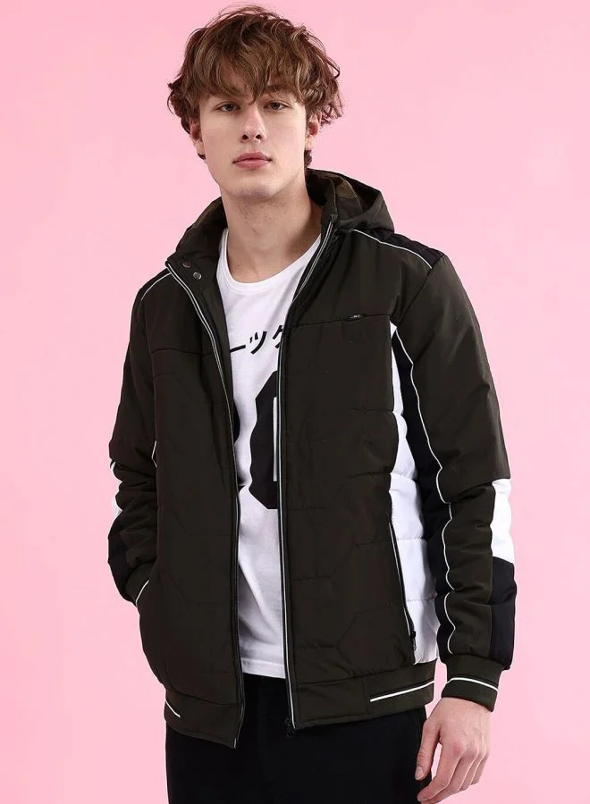 ذا انديان كراج كو The Indian Garage Co Men Regular Fit Colour Blocked Hooded Neck Long Sleeves Jacket