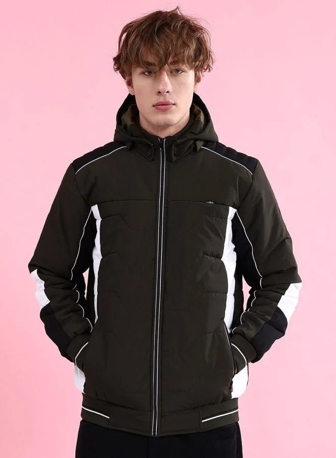 ذا انديان كراج كو The Indian Garage Co Men Regular Fit Colour Blocked Hooded Neck Long Sleeves Jacket