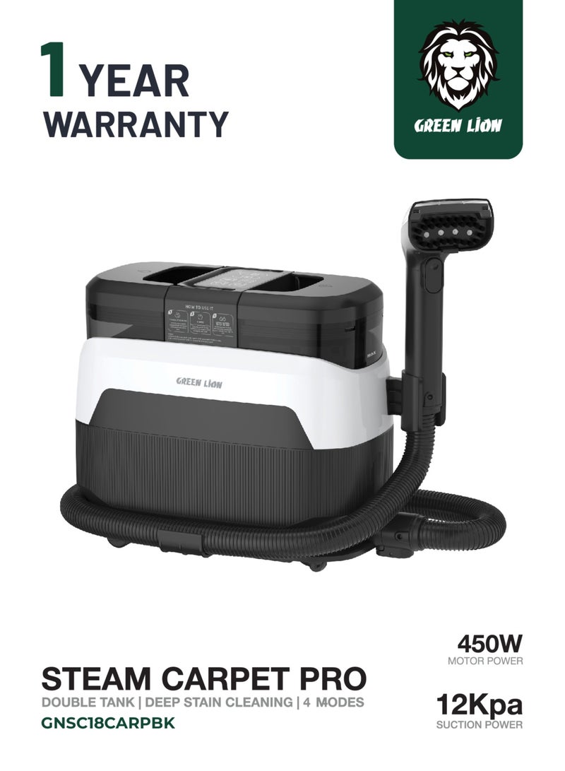 جرين ليون منظف ​​بخاري احترافي للسجاد بقوة شفط 12 كيلو باسكال / منظف بخاري مع تنبيهات صوتية ذكية للسجاد أو المنزل / منظف بخاري جاف ورطب / خزان مياه مزدوج - أسود وأبيض - Image 1