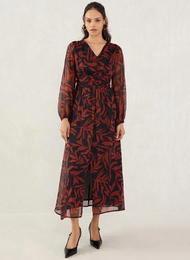 Femmella Femmella Brown Leaf Print Maxi Dress