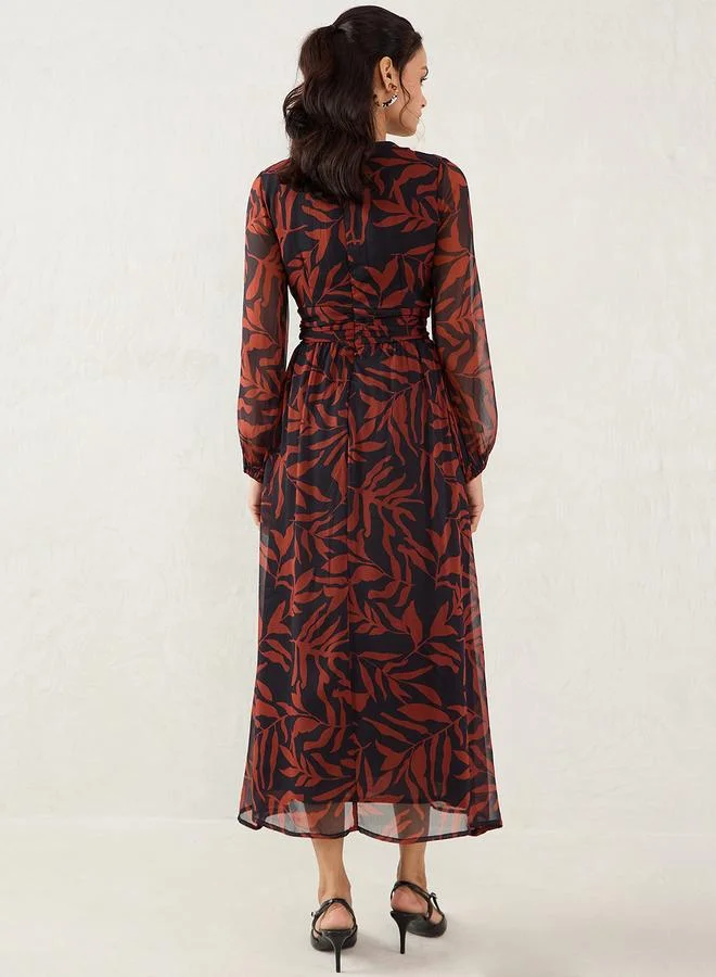 Femmella Femmella Brown Leaf Print Maxi Dress