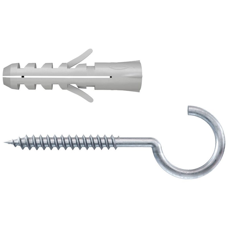 fischer Expansion Plug S 6 with Round Hook, Nylon Wall Plug and Metal Hook Set for Concrete and Solid Masonry, 6mm Drill, 30mm Length, 2-Way Expansion, Anti-Rotation, Blister Pack