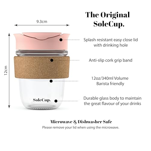 SoleCup. - Reusable Strengthened Glass Travel Cup - Spill Proof Coffee Mug - 12oz/340ml BPA-Free Hot Drink Travel Mug with Lid & Cork Band (Pink, 12oz) - Image 2